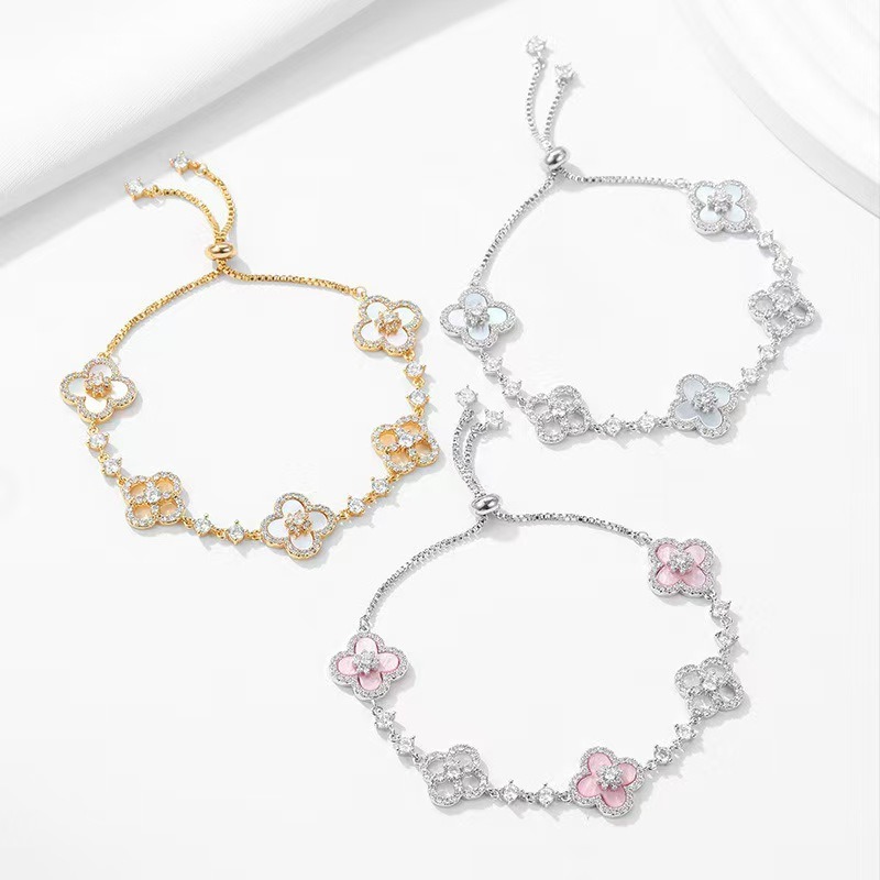 Women Clover Adjustable Bracelet Fashion Enamel Zircon Slider Chain Bracelet for Party Daily Wear 3 Color Options Jewelry Gift