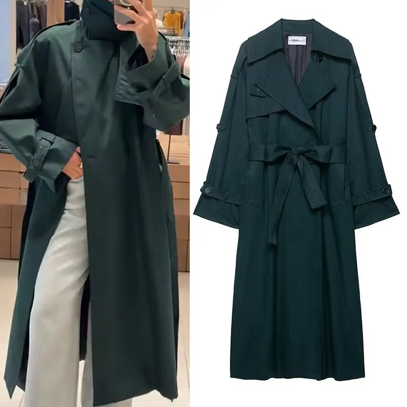 Street Womens Green Belt Long Trench Coat Stand Collar Double Breasted Full Sleeve Overcoat 2025 Autumn Lady Fashion Outwear 260106