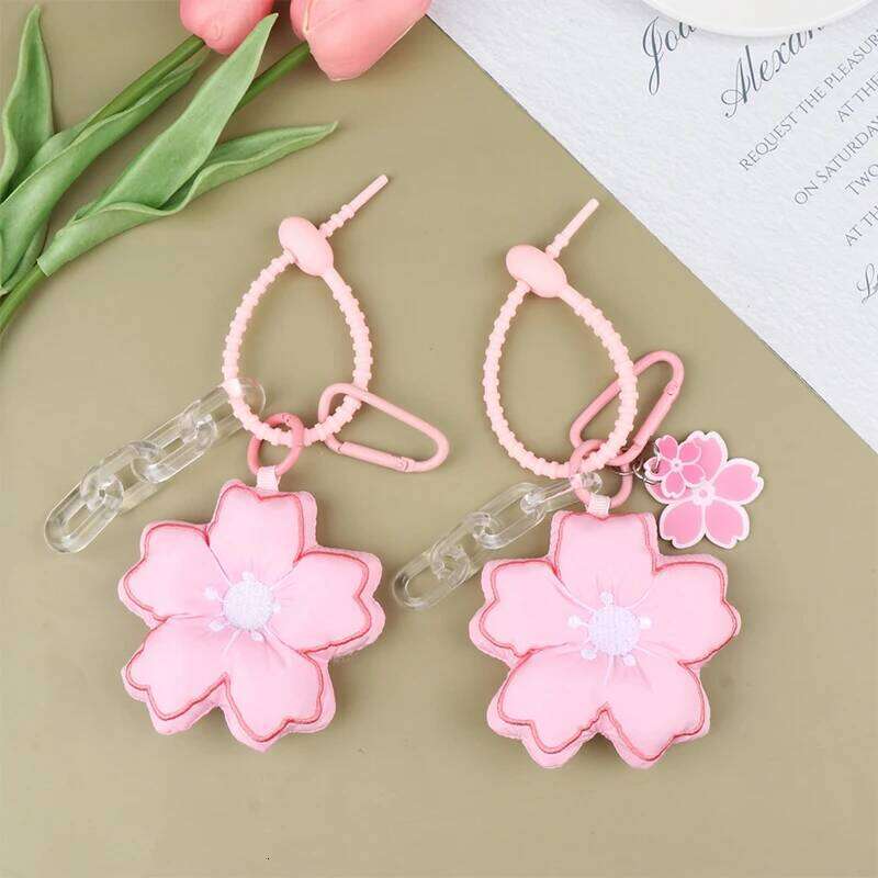 Pink Cherry Blossom Chain Fabric Sakura Pendant Cute Flower Key Ring Backpack Charms Car Decoration Bag Accessories XJ260106
