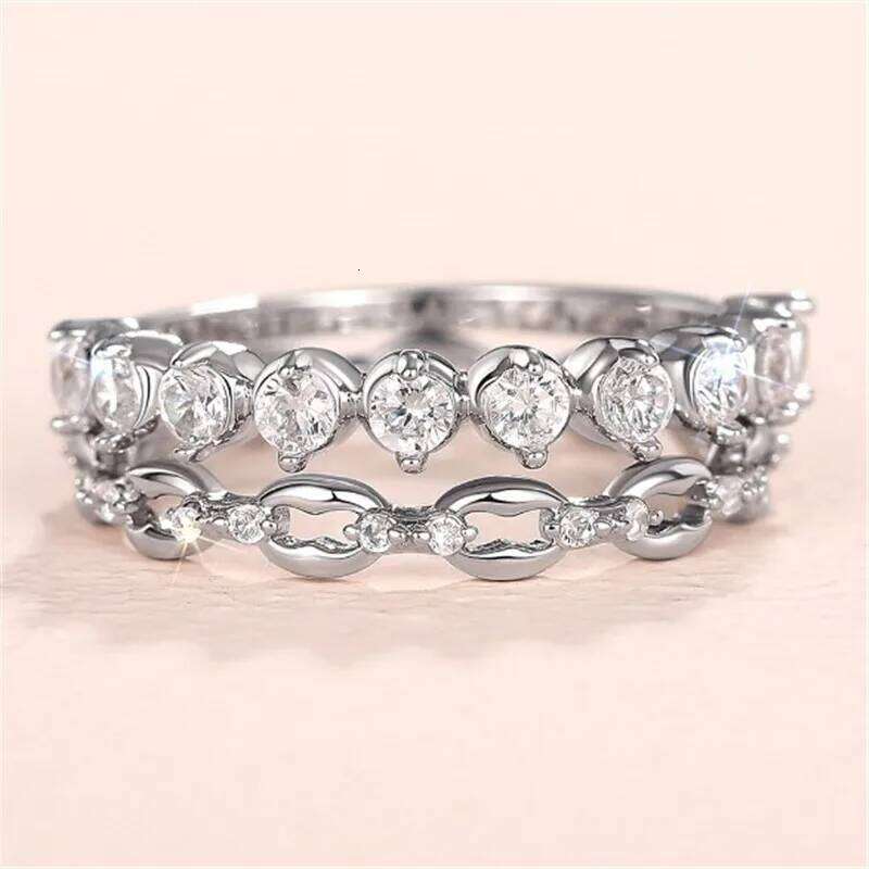 2 pcs Rings for Women Double Layer Stackable Trendy Accessories with Bright Zirconia Chain Finger Jewelry