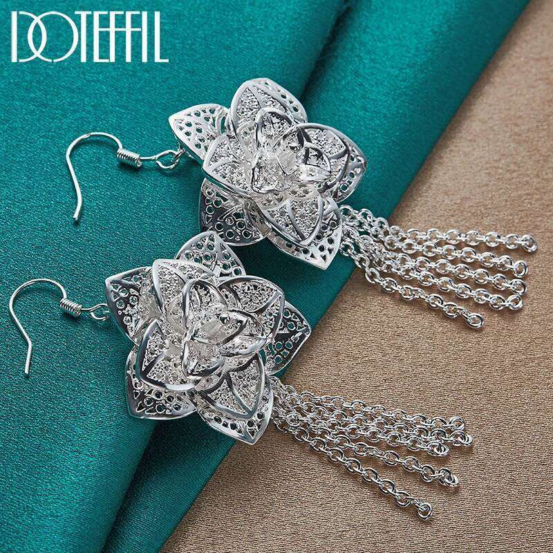 925 Sterling Silver for Women Flower Pendant Drop Earring Fashion Party Christmas Gifts