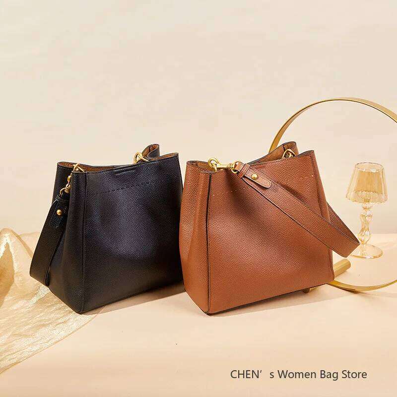 New Retro Genuine Leather Bucket For Women Fashion Lady Cowhide Large Capacity Shoulder Crossbody Bag A XIU LAI SI