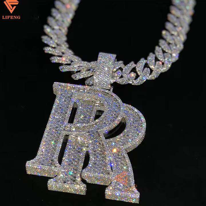 Hip Hop Double R Letter Baguette Moissanite Vvs Moissanite 925 Silver Personalized Necklace Iced Custom Jewelry Chain Pendant