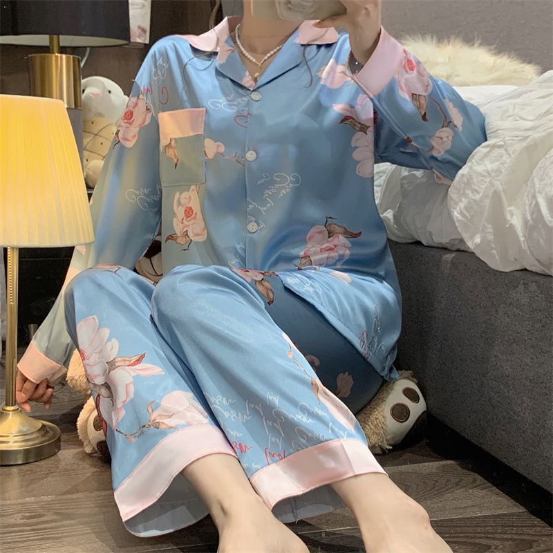 Silk Satin Women Pajama Set Floral Long Sleeve Top Full-Length Pants Wrap V Neck Lace-Up 2 Piece Sleepwear Nightwear Homwear 240913