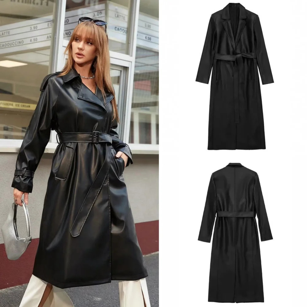 2024 Women Loose Fashion Wholesale Jacket Belt Single Breasted Overcoat Autumn Long Cool PU Leather Trench Coat Outwear 260106