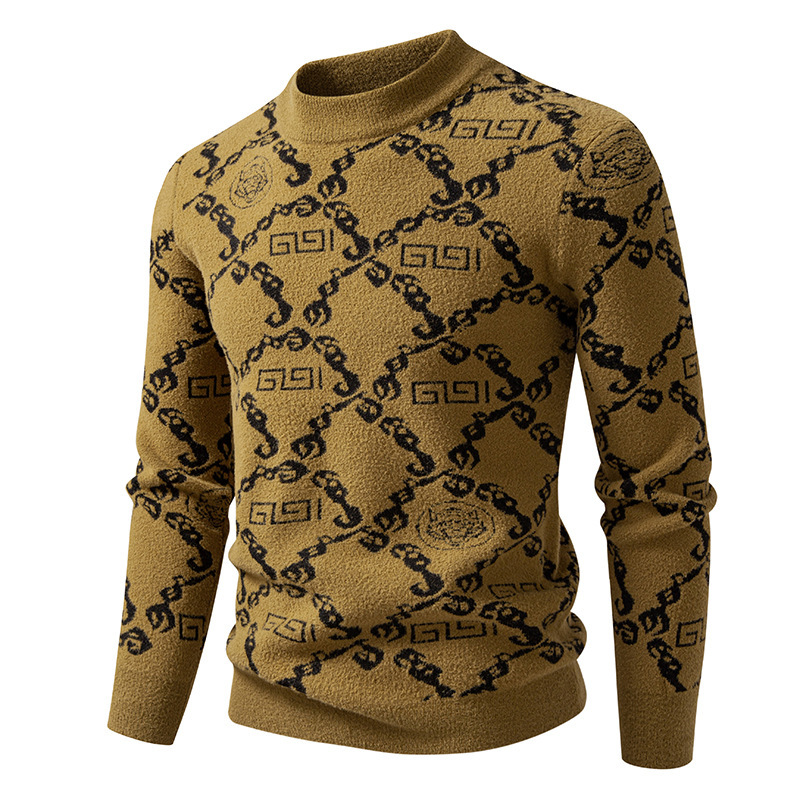 2026 New Half-neck Sweater For Men - Luxury Autumn-winter Thick Warm Base Knit Shirt With European Station Letter Full Print Cool And Stylish Line Clo