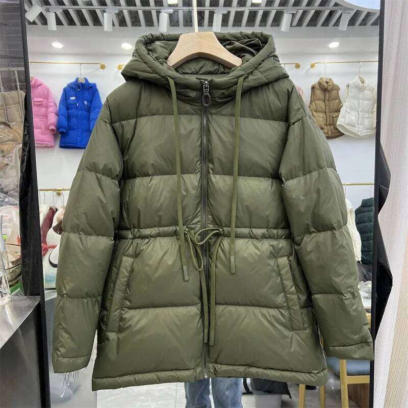 Winter Hooded Medium To Long Women White Duck Down Parkers Outwears Female Waist Drawstring Warm Quilted Jacket Coat Mdng260106