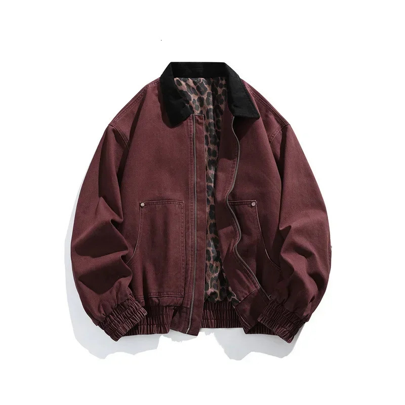 Mens Vintage Pure Cotton Jacket Collared Outerwear Leopard Print Detroit Denim Jacket Spring and Autumn Leather Bomber Jacket 251226