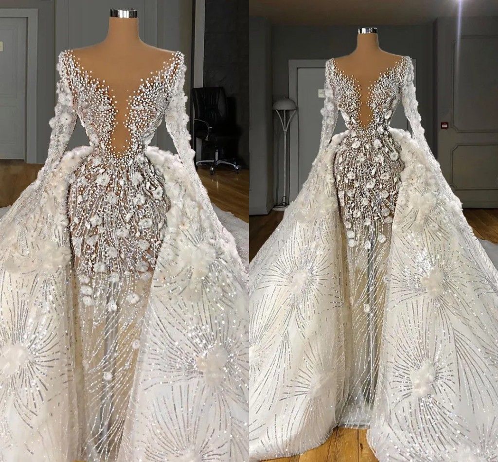 Customized Luxury Flowers Sequined Beads Wedding Dress With Detachable Train Sheer Neck Mermaid Bride Gown Long Sleeves Dubai Saudi Arabia Vestidos De Novia
