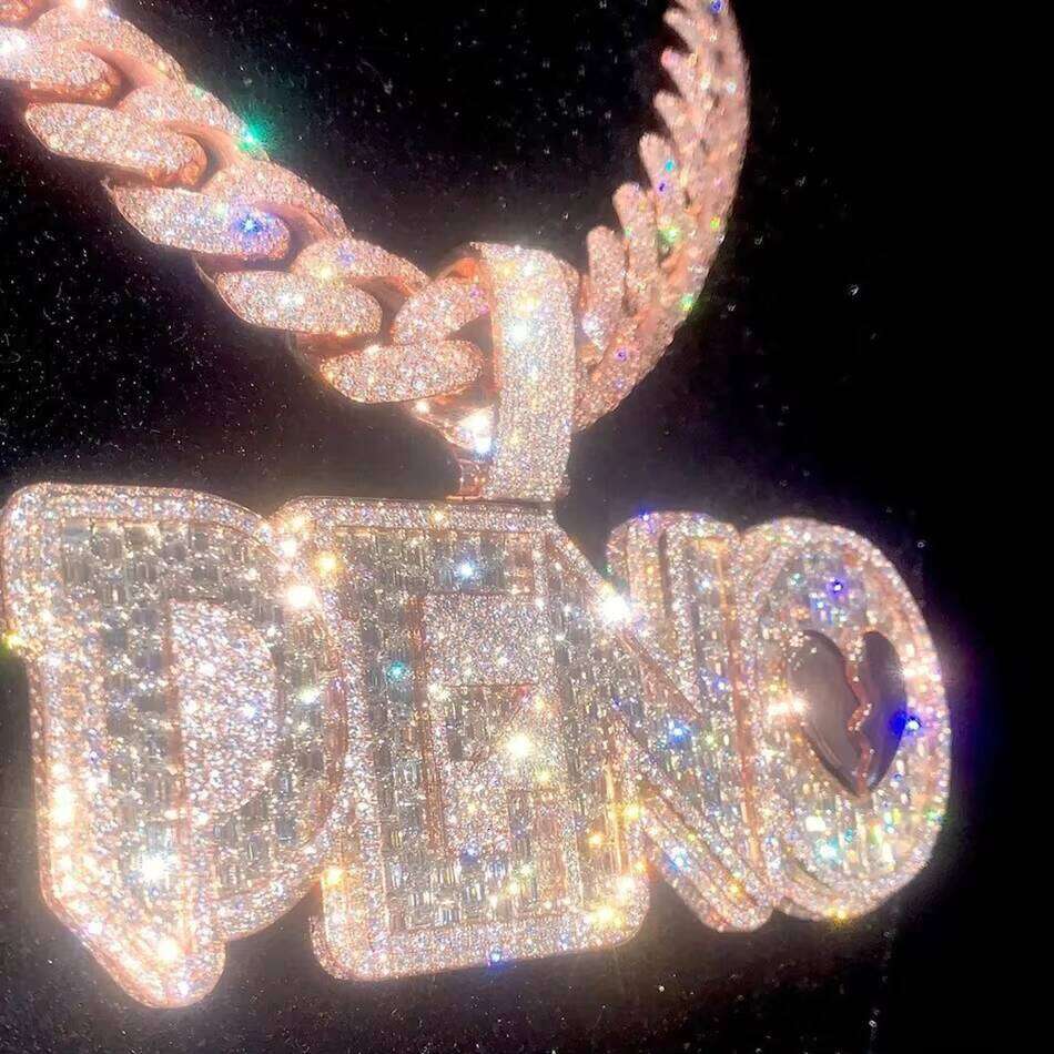 Hip Hop Custom Name 925 Silver 18k Gold Plated 3D Full Ice VVS Moissanite Gemstone Emerald Initial Pendant Chain