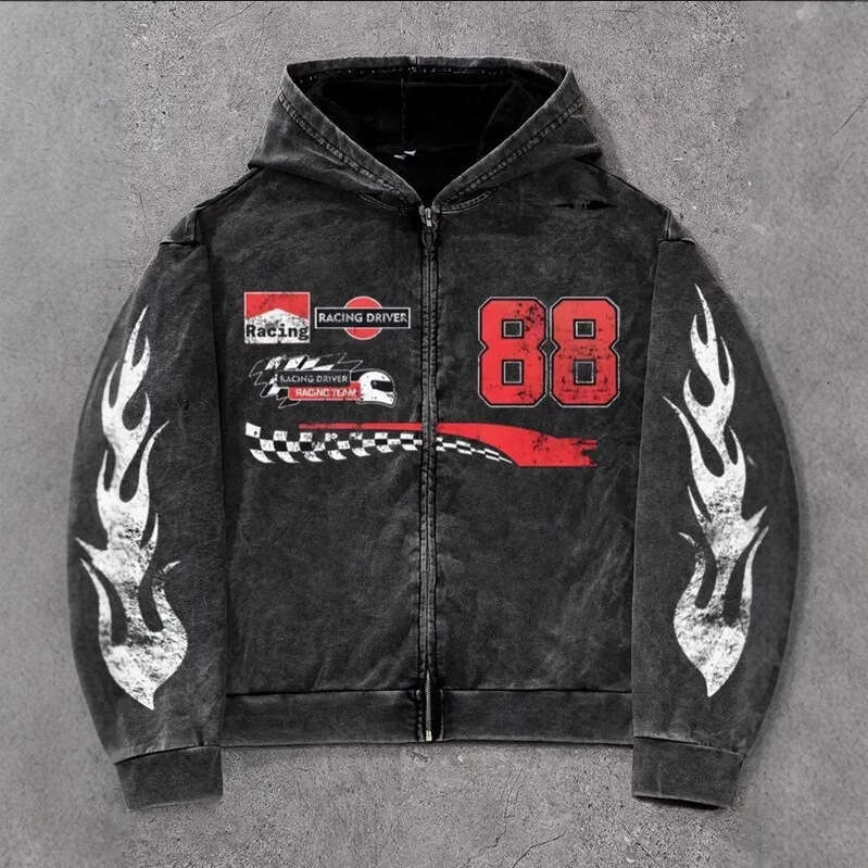 European and Cross-Border American Retro Zipper Hooded Sweatshirt Printed Street Dark Style Unisex Loose Vintage Jacket
