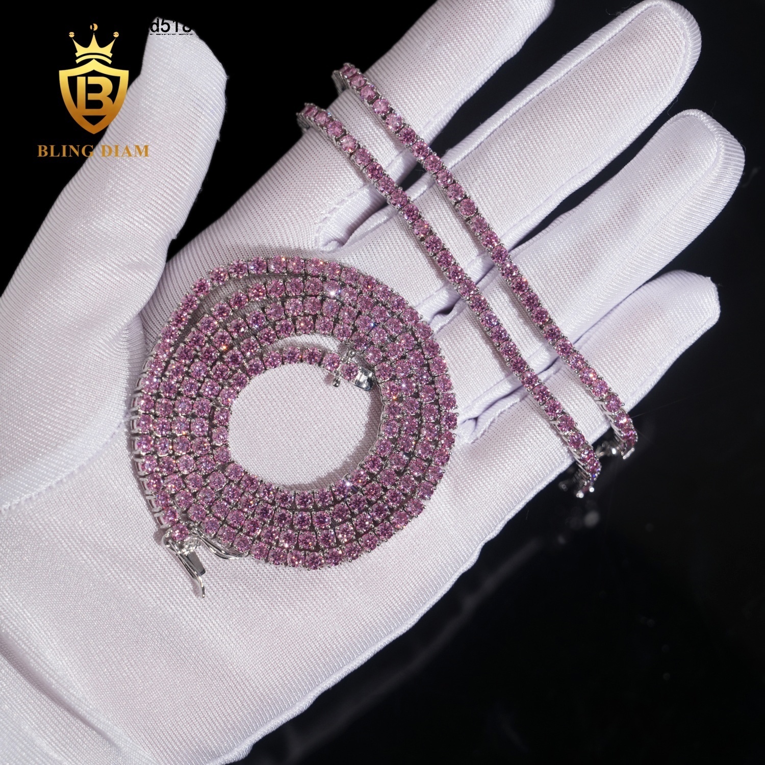 Wholesale Price 925 Sterling Silver Iced Out Hip Hop Jewelry Pink Moissanite 3mm 4mm 5mm Tennis Chain Necklace