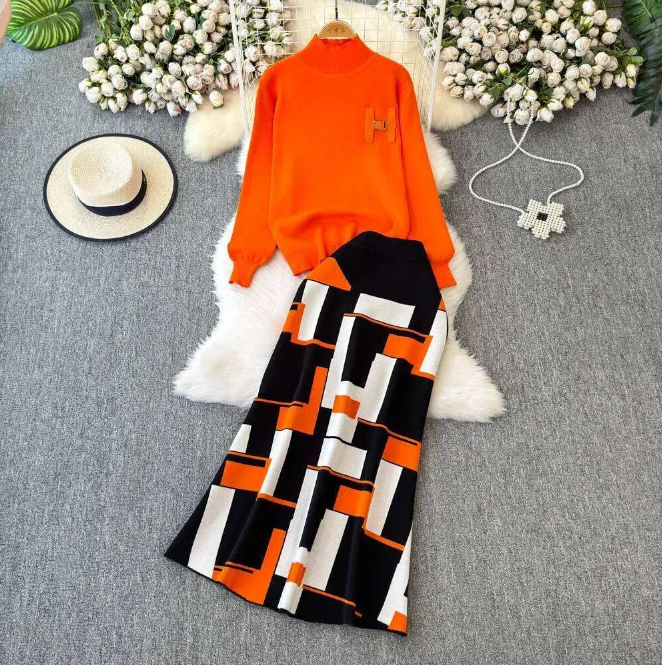 Western style printed set for women in autumn and winter with high-end letter embroidery pullover long sleeved sweater and high waisted skirt