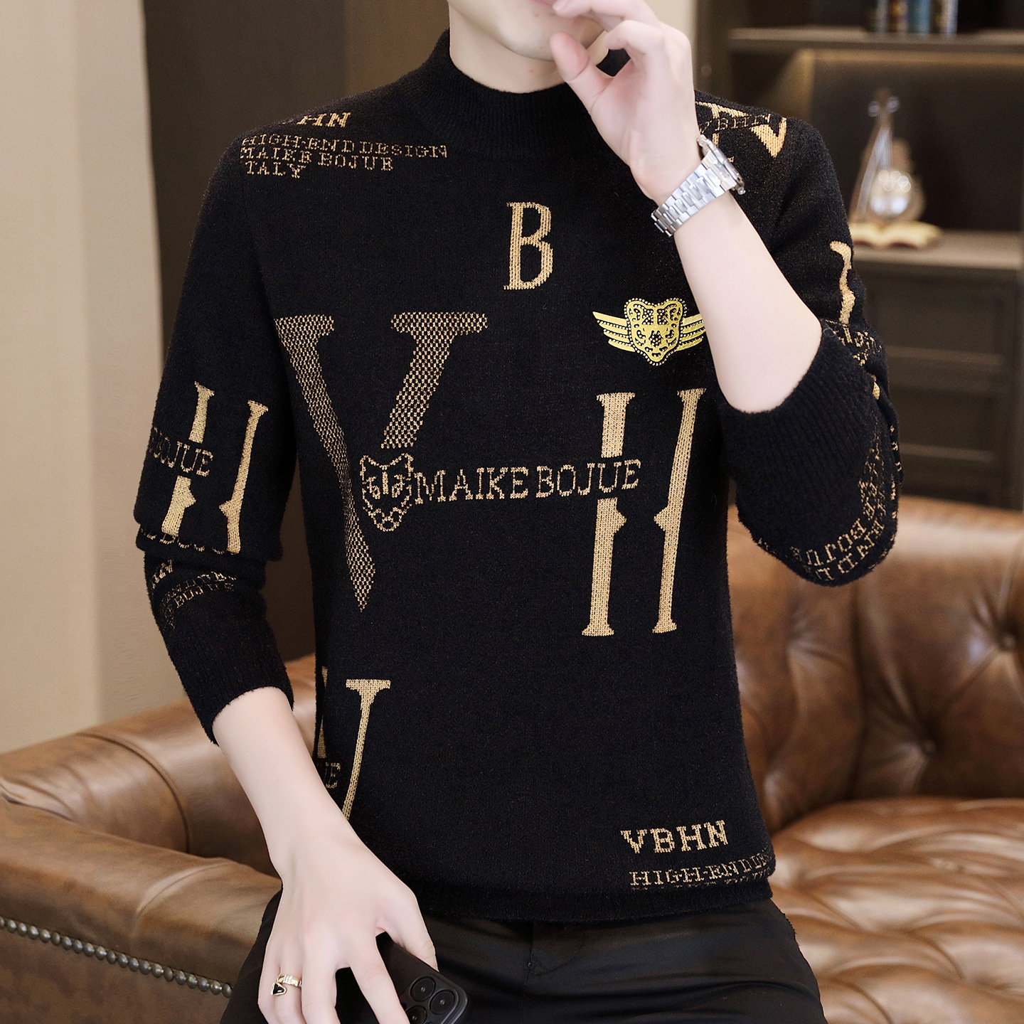 2026 New Style One-piece Fuzzy Sweater Men's Luxury Trendy Knitted Shirt Warm And Thick Jacquard Lettered Casual Underwear Fashionable Versatile 