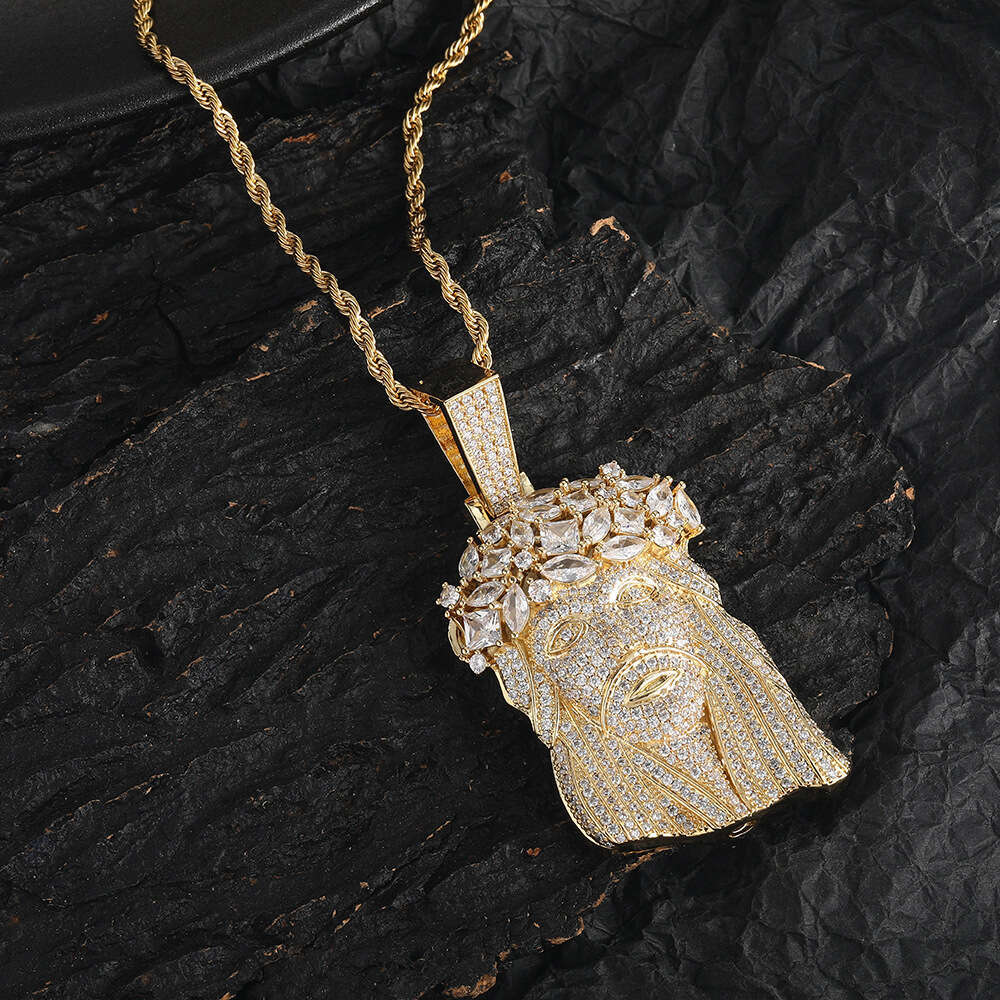 European And American Hip-Hop Copper Inlaid Zircon Personality Domineering Men's Necklace Cross-Border Human Face Head Pendant Chain