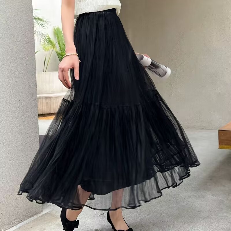 Runway Soft Tulle Skirt Hand-made Maxi Long Pleated Skirts Vintage Petticoat Voile Jupes Falda 210621