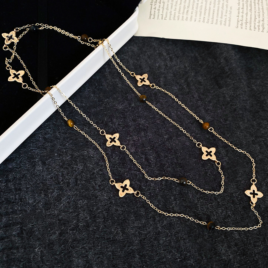Inlaid Diamond Tiger Eye Stone Cross Pearl Necklace Design Sweater Light Luxury High-end Neck Chain for Women - view 8