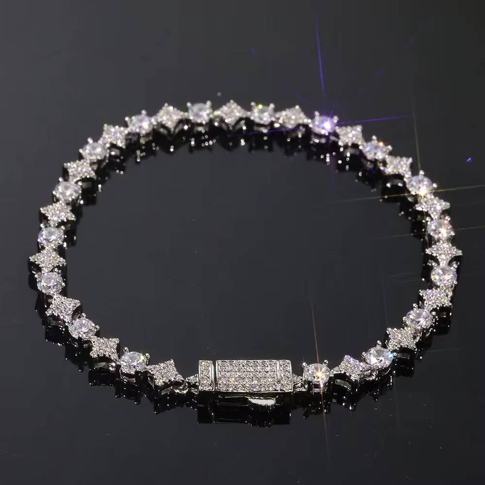 NUOYA Hiphop Custom Star Shape Round Cut Shiny VVS Moissanite Chain 6mm 925 Sterling Silver Tennis Chain Womens Fine Jewelry