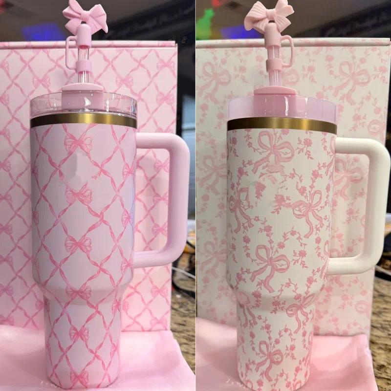coffee mug Designer Cup NEW 40 OZ Love Shack Fancy Floral Cups With Bow Cap Stainless Steel Tumblers With Handle Lid And Straw Pink Car Mugs Chocolate Gold Wat