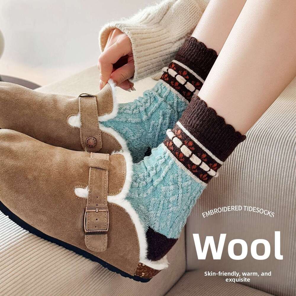 Autumn Winter Mid-Calf Wool Women's Cute Fresh Princess Lace Ethnic Student Warm Slouch Socks Ins Style B2