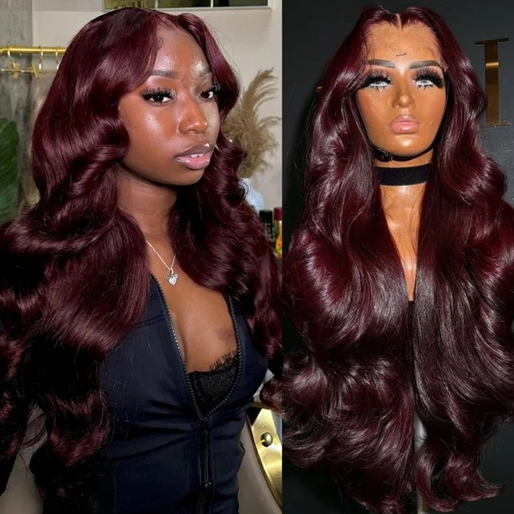 30 Inch Burgundy Body Wave Human Hair Wigs 13x4 HD Transparent Lace Frontal Glueless Brazilian Hair Wig Colored 99j For Women Cosplay Party Natural Wave Curly Wigs