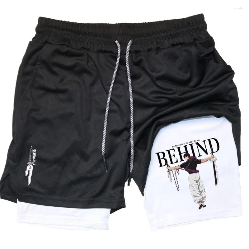 Men's Shorts Anime Compression Summer Sportswear Men Gym 2 In 1 Training Workout Male Fitness Sport