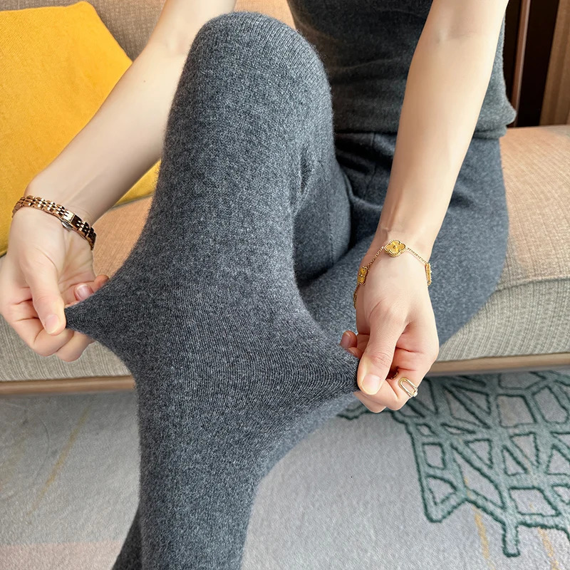 100 Cashmere Knitted Legging Ins High Waist Casual Wool Korean Trousers Solid Thicken Elasticity AnkleLength Pants 260106