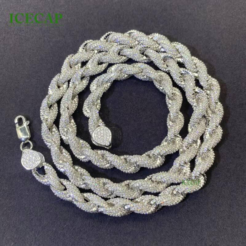 VVS Moissanite Rope Chain Necklace for Women Men 8mm Iced Out Tennis Style S925 Silver with Cuban Hip Hop Inspired Design