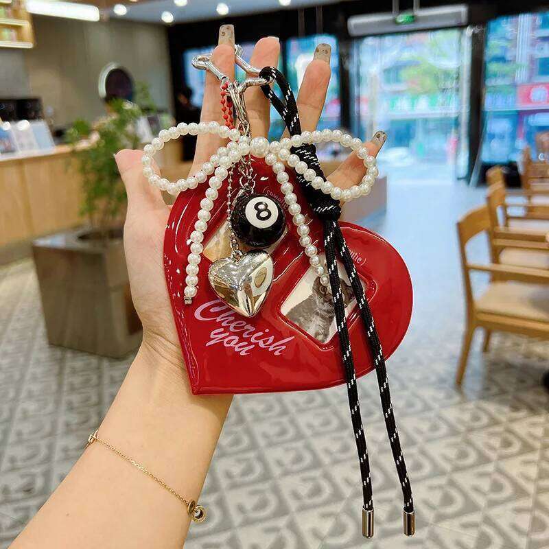 Korean Fashion Red Heart Album Vintage Charms ID Photo Keychains PVC Card Set Bags Pendant Keychain Y2K XJ260106