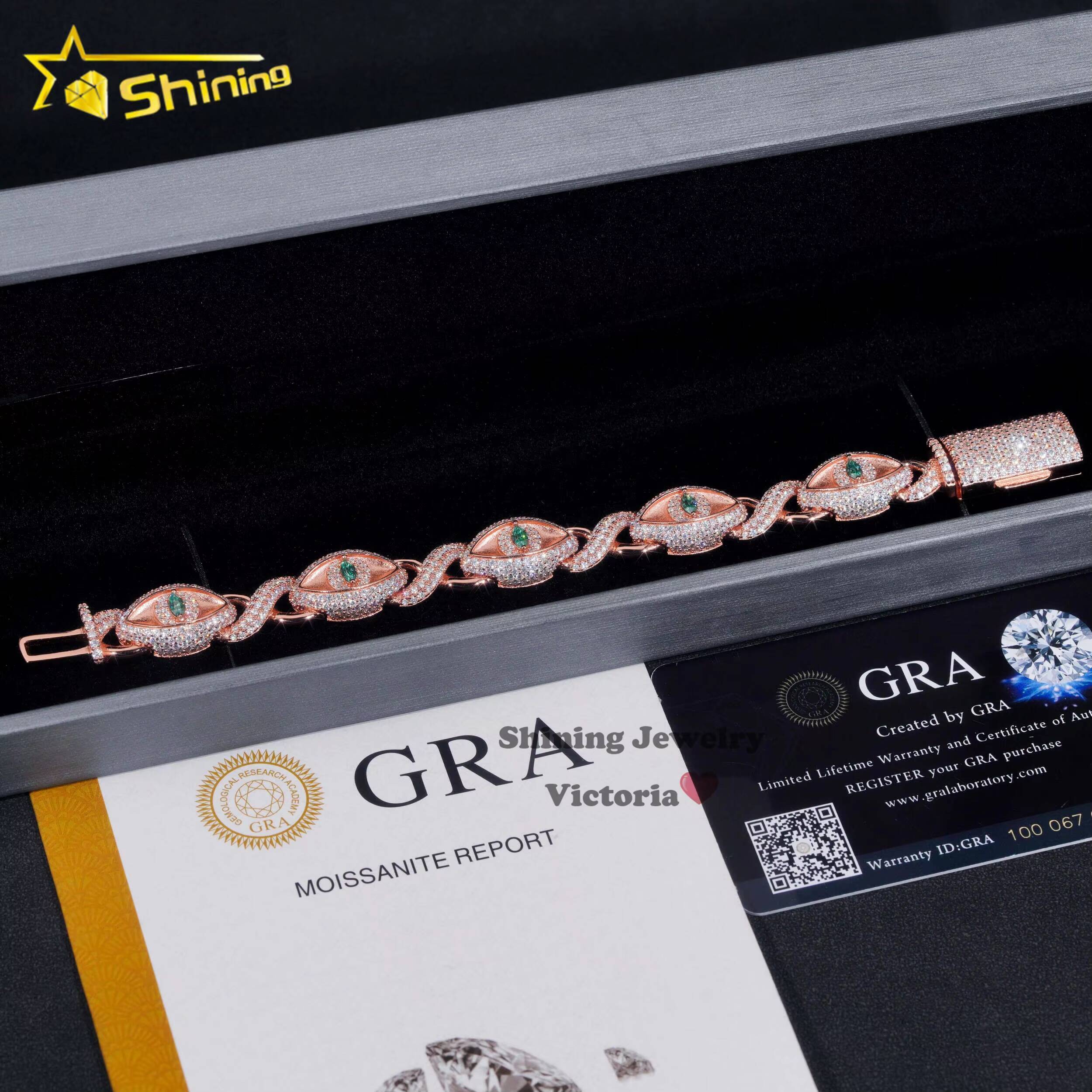 New Trendy Iced Out 12MM Evil Eye Infinity Link Cuban Bracelet for Men Moissanite Diamond Rose Gold Hip Hop Charms Bracelet