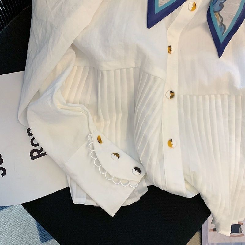 White Doll Collar Patchwork Shirt for Women Spring and Autumn French Style Unique and Chic Shirt 210417w