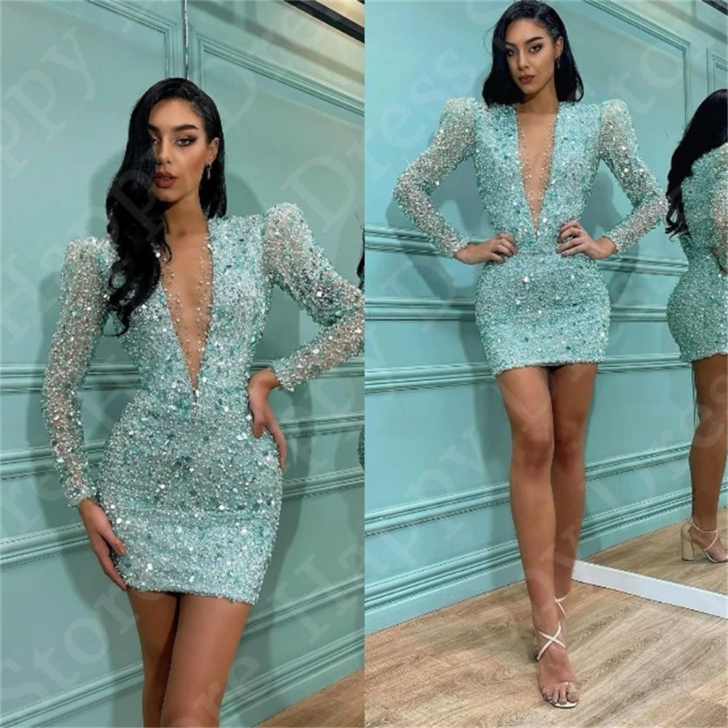 Sexy Deep V-Neck Cocktail Prom Dress Sparkly Sequin Short Dress Long Sleeves Sheath Mini Special Evening Dress New Vestidos De Fiesta J04