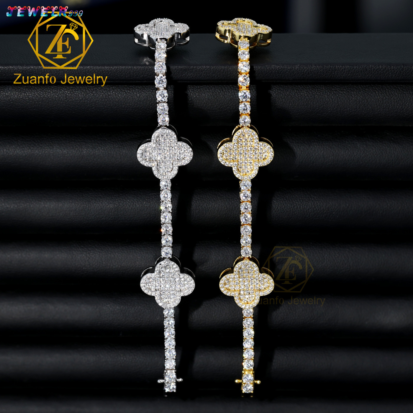 Pass Diamond Tester D Vvs1 Moissanite Bracelets Bangles 15mm Gold Plated 925 Silver Tennis Clover Bracelets Hip Hop Style