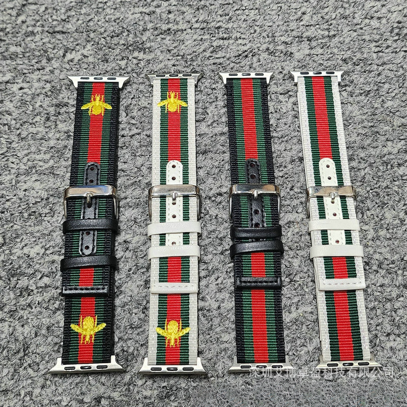 Compatible with Bee Red Green Striped Luxury Trendy Brand Apple Watch Nylon Strap Canvas S8 S7