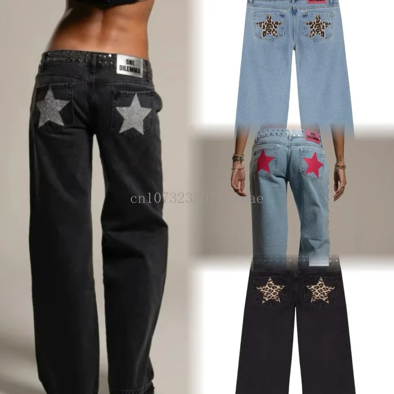 Retro FivePointed Star Print Straight Leg Jeans 90S Y2K Women Female Baggy Dragging Hip High Denim Pants Harajuku Trousers 260106
