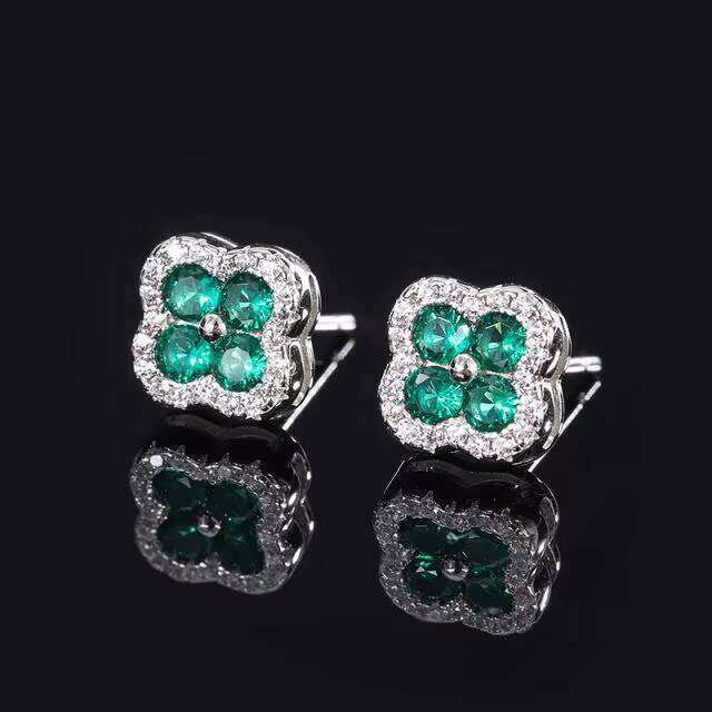 925 Sterling Silver Flower Green Ruby Blue VVS Moissanite Four-Leaf Clover Stud Earrings for Women