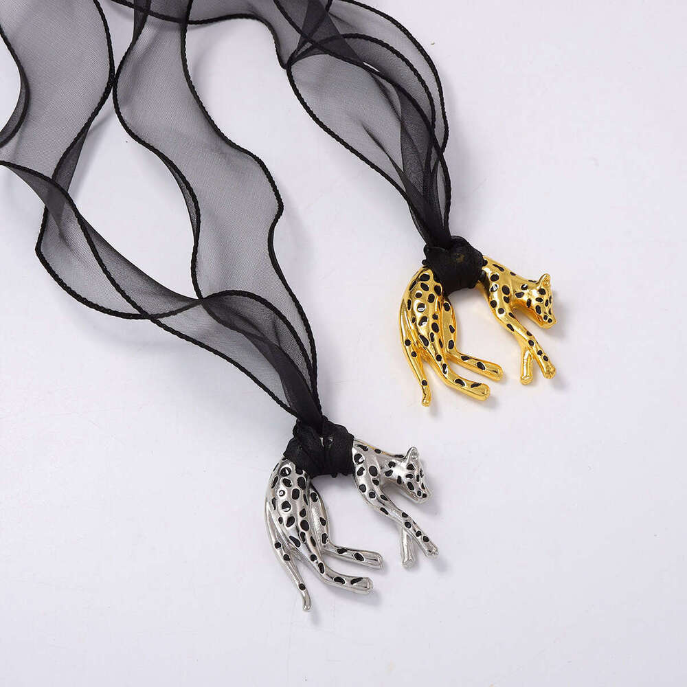 European And American Retro Wild Alloy Drip Oil Exaggerated Cheetah Ribbon Tie Sweater Chain Pendant Necklace