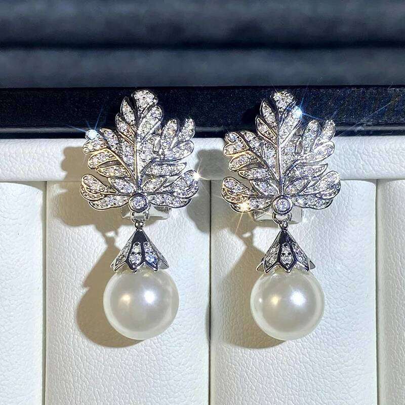 Fashion Leaf Design White Drop Female Bohemian 925 Sterling Silver Pearl Earrings Wedding Jewelry