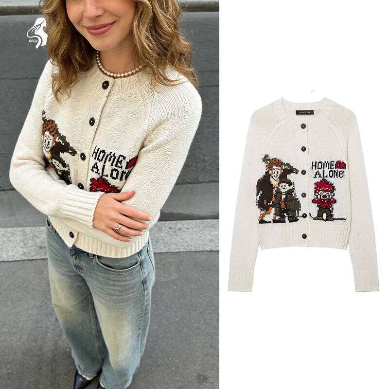 Women's Home Alone Knitted Cardigan - White Button-Up Sweater with Movie Character Print, Funny Christmas Outerwear 26D0106