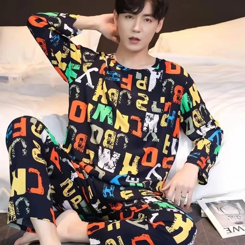 Men Pajamas LongSleeved Long Trousers Autumn and Winter Large Size Homewear TwoPiece Set Sleepwear Loungewear Youth Nightwear 260106