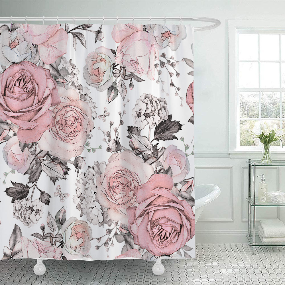 YL-38103 Floral Shower Curtain Set with Watercolor Floral Print Polyester Waterproof Shower Curtain and Bathroom Cover