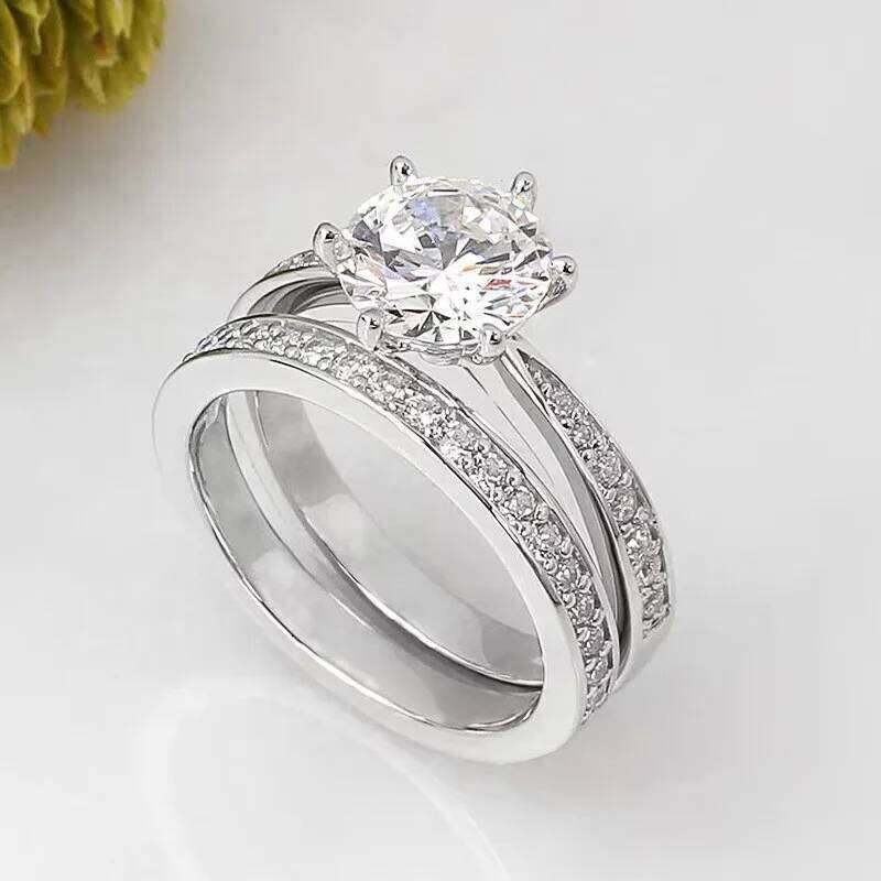 Bright 6 Claws Cubic Zirconia Rings Set for Women Elegant Gorgeous 2Pcs/Set Wedding Band Jewelry Trendy