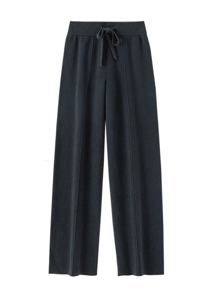 Autumn Winter Women 100 Merino Wool Wide Leg Pants Simple Soft Warm Cashmere Knitted Trousers Loose Casual 260106