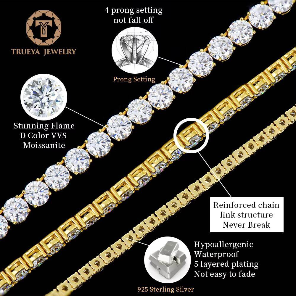 High Quality Fine Jewelry 18k Gold Plated 925 Silver 2-6mm Mens Iced Out Vvs Mossanite Moissanite Diamond Tennis Chain Bracelet