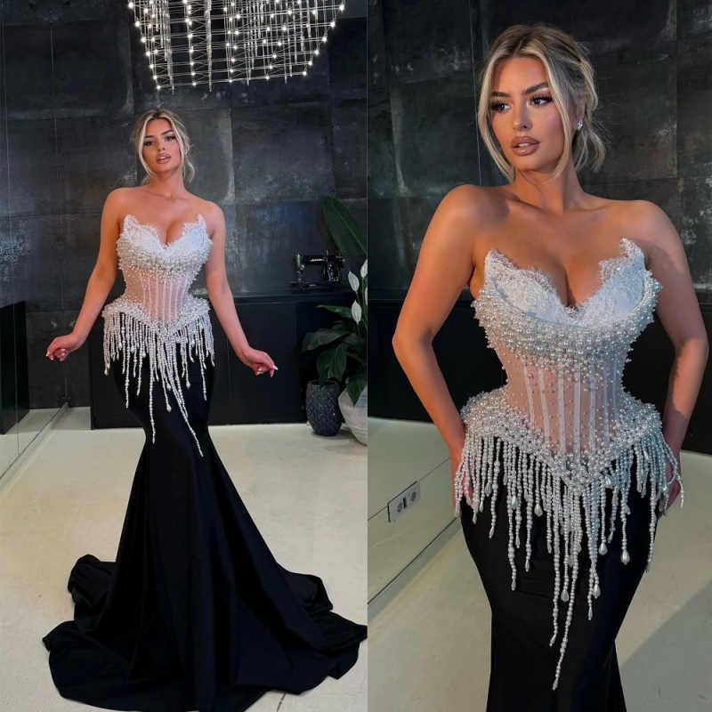 Sexy Mermaid Evening Dress Strapless Sleeveless Pearls Prom Gowns Fashion Beading Floor Length Party Dresses Customized