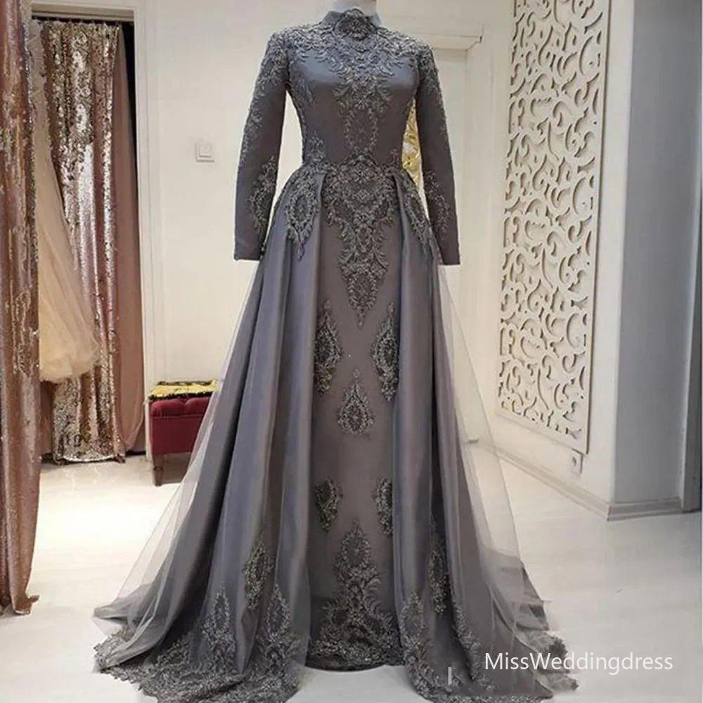 Classy Arabic Long Sleeves Evening Dresses Beaded High Neck Lace Appliqued Prom Gowns Plus Size Sweep Train Satin Formal Dress D24