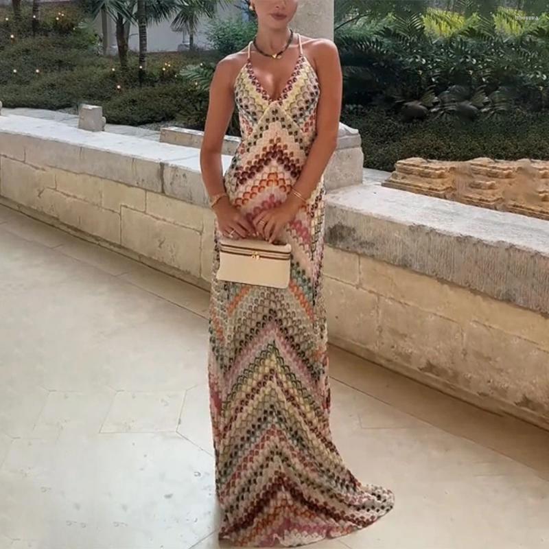 Women Beach Wear Sexy Backles Hit Color Chic Long Dresses Strapless Sleeveless Backless High Waist Elegant Spring Dress
