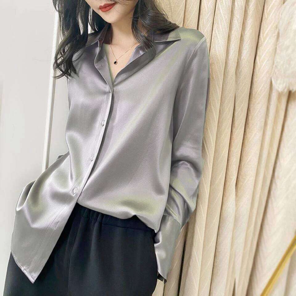 2024 Summer Trend Fashion Casual Elegant Satin Long Sleeved Shirt Office Women's Shirts And Blouses Slim Femal Clothes
