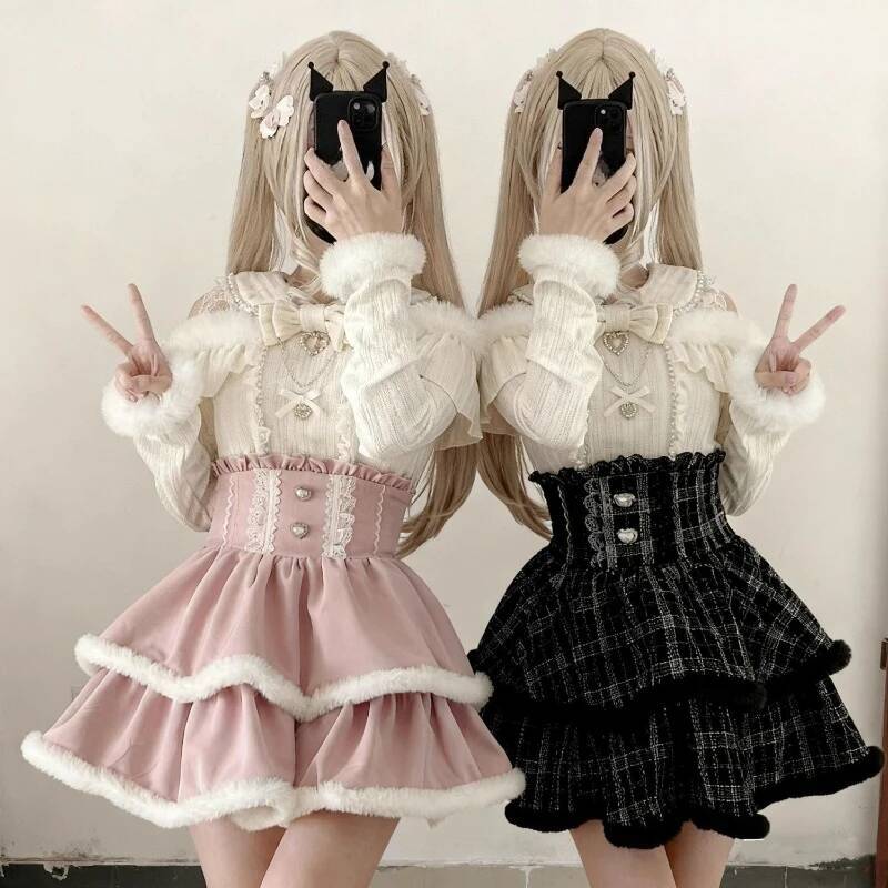 Bestseller Japanese Sweet Girl Lolita 2 Piece Sets Women Lace Bow Long Sleeve Knitted Tops + High Waist Skirt New Lovely Fairy JK Suit ddmytues