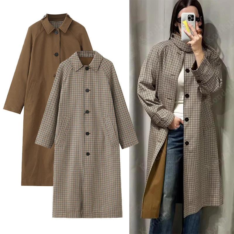 Double Sided Plaid Long Jackets For Women Single Breasted Sleeve Commute Street Female Trench Coat 2025 Autumn Chic Outwear 260106